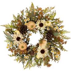 Beige Artificial Plants Northlight 28" White Sunflowers & Pumpkins Fall Harvest Wreath Artificial Plant