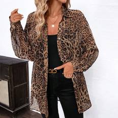 Shein Womens Elegant Leopard Print Chiffon Open Front Loose Long Sleeve Blouse