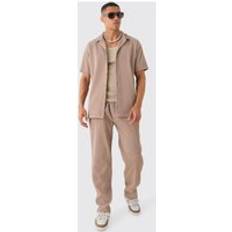 Brown - Men Suits boohooMAN Mens Oversized Short Sleeve Pleated Shirt & Straight Pants Set Brown