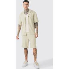 Baumwolle - Herren Anzüge boohooMAN Mens Tall Hemd mit Fischgräten-Detail & Shorts Grau XXL, Grau