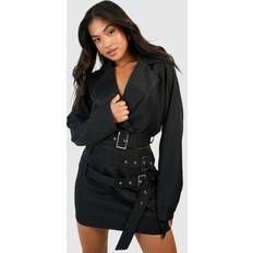 Cropped Coats boohoo Womens Petite Buckle Detail Crop Trench Coat Black