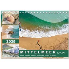 Beige Kalender Mittelmeer Meer Wellen Strand Muscheln Sand & Zitate Tischkalender 2025 DIN A5 Quer