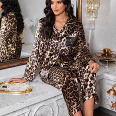 Shein Leopard Print SilkLike Lapel Cardigan And Long Pant Women Pajama Set