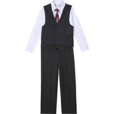 Suits Van Heusen Boys' Big 4-Piece Formal Suit Set, Vest, Pants, Collared Dress Shirt, and Tie, Pindot Black