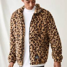 Leopard - Men Outerwear Shein Mens Knitted Fashionable Relaxed Leopard Plush Zipper Jacket For Daily Casual Wear