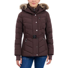 Detachable Hood Outerwear Michael Kors Womens Detail Back Hooded Puffer Coat - Chocolate