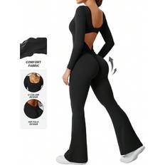 XL Jumpsuits & Overalls Shein Yefecy Women Workout Flare Jumpsuits High Stretch Athletic Long Sleeve JumpsuitSexy Backless Gym Bodycon Scrunch Butt Yoga Rompers V Back