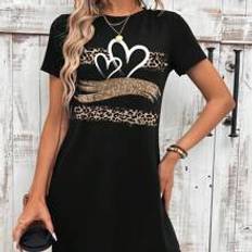Women summer dress Shein Casual Women Leopard & Heart Print Bodycon Mini Dress, Summer