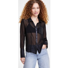 Leather - Women Shirts Dkny Jeans Women's Faux-Leather Trim Sheer-Mesh Shirt BLK BLACK