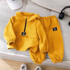 Yellow Other Sets Children's Clothing Shein pcs Baby Boy Casual Outfit Set Yellow Hooded Sweatshirt With Drawstring Joggers Pants Suitable For Outdoor Indoor Wear FallWinter