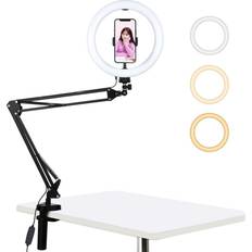 Puluz 10.2" Ring Light with Desktop Arm Stand, USB, 3 Modes, Dual Color Temperature, Phone Clamp Black