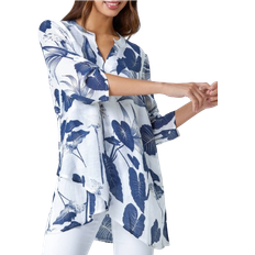 Roman Palm Print V-Neck Wrap Hem Tunic Top - Navy