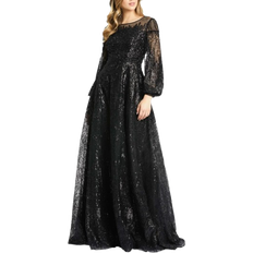 Mac Duggal Clothing Mac Duggal Jewel Encrusted Illusion Long Sleeve A Line Gown - Black