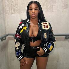 Stripes Jackets Shein Womens Contrast Color Patch Pocket Zipper Short Casual Baseball Jacket
