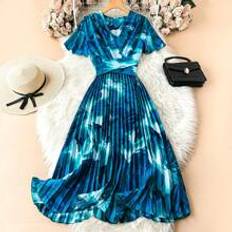Shein Futuristic Floral V-Neck Ruffle Puff Sleeve Bow-Tie Cinched Waist High-Low Hem Long Dress For Tall Women, Summer