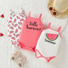 Sleeveless Bodysuits Children's Clothing Shein Fashionable Baby Girls' Watermelon & Letter Print Sleeveless Bodysuit 3pcs/Set For Summer