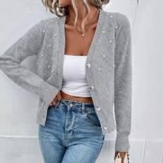 Shein Hvid Trøjer Shein Pearl Beaded Textured Knit Cardigan