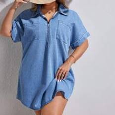 Shein Plus Women's Simple Solid Color Short Sleeve Zipper Denim Dress