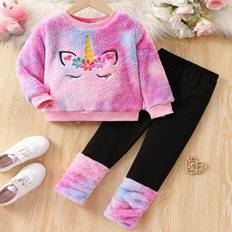 Polyester Other Sets Shein pcs Autumn Winter Young Girl Y Embroidered Unicorn Tie Dye Fluffy Top Fluffy Pants Cartoon Cute Outfit Set