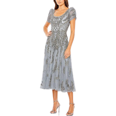 Lined - Midi Dresses Mac Duggal Short Sleeve Beaded A-line Tea Length Dress - Silver