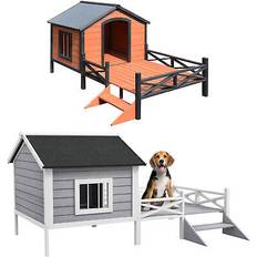 Pawhut Wooden Dog House W/ Porch - Gray