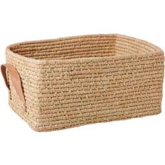 Rice Raffia Rectangular Storage Basket with Leather Handles