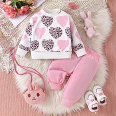 Pink Other Sets Shein pcsSet Baby Girls Long Sleeve Heart Graphic Sweatshirt Pants Set For FallWinter Pink LeopardHeart Pattern Top Pink Bottoms