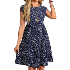 Shein EMERY ROSE Women's Summer Blue Short-Sleeve Batwing Sleeve Floral Midi Dress