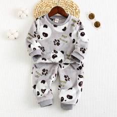 24-36M Night Garments Shein pcsSet Baby Boy Panda Graphic Crew Neck Fleece Sweatshirt And Jogger Pants Winter Outfit