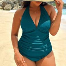Shein Plus Women's Solid Color Simple Daily Wear One Piece Swimsuit With Halter