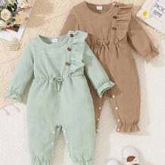 Brown Other Sets Shein 2pcs Baby Girl's Green & Brown Color Bubble Print Outfit Set, Autumn/Winter