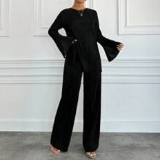 Shein Spring/Autumn Casual Solid Color Flare Sleeve Top And Pants Two-Piece Set