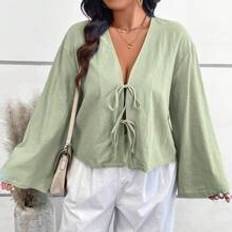 4XL Bluser Shein Plus Solid Color Woven Flared Long Sleeve Loose Regular Blouse For Autumn