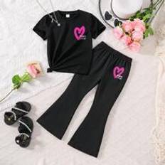 Polyester Other Sets Shein Young Girl Heart & Letter Print Short Sleeve T-Shirt And Flare Pants Set