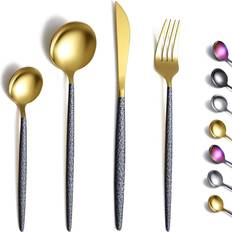 Canora Grey 24 Pieces With Moon Surface Black Handle And Shiny Gold Mouth Titanium Coating Stainless Modern Dishwasher Cutlery Set