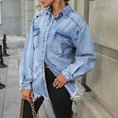 Shein Long Sleeve Button Front Ripped Denim Jacket Casual Daily Wear