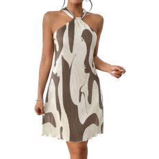 Shein Privé Women's Elegant Vacation Casual Backto School Pleated Halter Mini Dress, Summer Beach Women Cocktail Dress Short Outfits