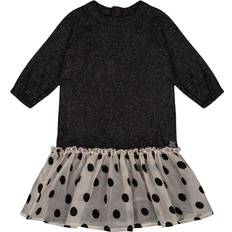 Black Dresses Deux par Deux Bi-Material Shimmering Long Sleeve Dress with Frill Little Girl Shimmering Black