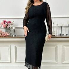 Shein Plus Contrast Mesh Round Neck Long Sleeve Slimming Elegant Dress, For Casual Daily/Holiday/Evening Parties/Wedding Guest