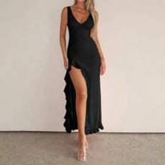 Shein Women's Summer Solid Color V-Neck Ruffle Trim Slit Dress