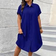 Shein Plus Solid Color Turn-Down Collar Front Button Summer Casual Short Sleeve Dress