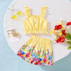 Polyester Other Sets Shein Young Girl Striped & Floral Print Ruffle Trim Top & Paperbag Waist Shorts Set For Summer