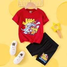 Black Other Sets Shein 2pcs Young Girl Trendy Cartoon Print Red Oversized T-Shirt And Black Biker Shorts Summer Set