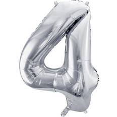 Fest Talballoner PartyDeco 1 stk. Sølv metallic folieballon tal "4" 72 cm, inkl. sugerør