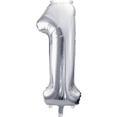 Fest Talballoner PartyDeco 1 stk. Metallic folieballon tal "1" sølv 72 cm inkl. sugerør til luft og helium