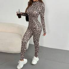 Leopard - Women Jumpsuits & Overalls Shein Leopard Print Stand Collar Long Sleeve Jumpsuit