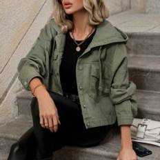 Shein Flap Pocket Drop Shoulder Drawstring Hooded Denim Jacket