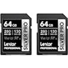 LEXAR SILVER PRO SD-kort 2 x 64 GB, UHS-II SD-minneskort, V60, U3, C10, upp till 280 MB/s läsning, 130 MB/s skriva, SDXC-kort för DSLR/kamera/professionell fotograf/videograf/entusiaster