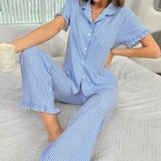 Shein Hvid Nattøj Shein Short Sleeve Top & Long Pants Blue & White Stripe Ladies' Pajama Set With Scalloped Trim