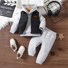 Shein Letter Patched Black Vest Coat Thermal Lined Hooded Sweatshirt & Sweatpant - Multicolor
